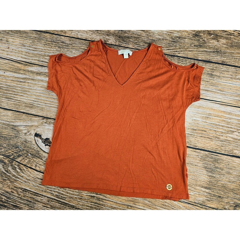 Michael Kors Womens L Cold Shoulder Short Sleeve Blouse Top Sienna Orange